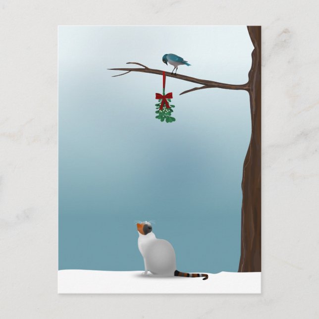 Postal Gato, ave y mistletoe (Anverso)