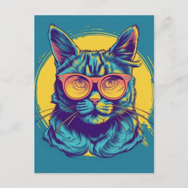 Postal Gato Azul Con Vidrios Naranjas (Anverso)