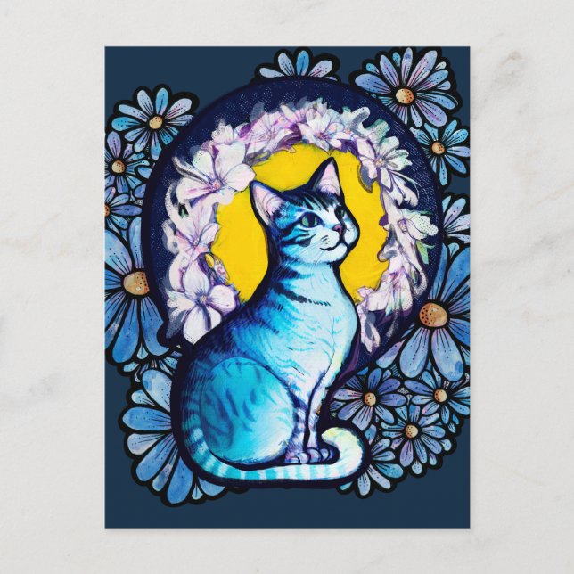 Postal Gato Azul Kitty Halo Mucho Estilo Floral (Anverso)