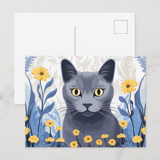 Postal Gato Azul Ruso Flores Amarillas (Anverso / Reverso)
