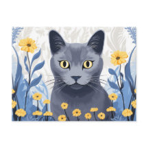 Gato Azul Ruso Flores Amarillas