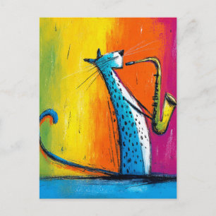 Postal Gato azul tocando un saxofón