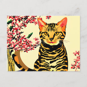 Postal Gato bengalí sentado en una mesa