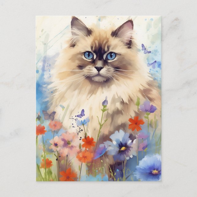 Postal Gato Birman rodeado de flores (Anverso)