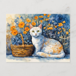 Postal Gato blanco acuarela en cesta de flores
