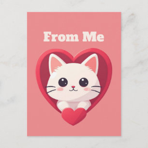 Postal Gato Blanco Adorable con Corazón Diseño de Amor Ga