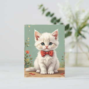 Postal Gato blanco adorable y lindo con corbata de moño
