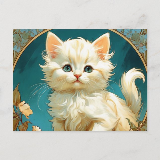 Postal Gato blanco Alphonse Mucha Art Nouveau (Anverso)