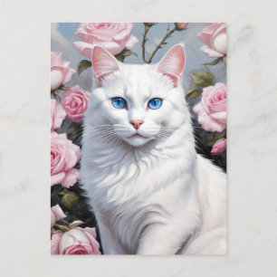 Postal gato blanco bonito y rosas rosas rosas