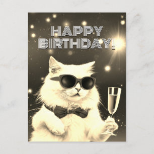 Postal Gato blanco con gafas de sol brindando por Cumplea