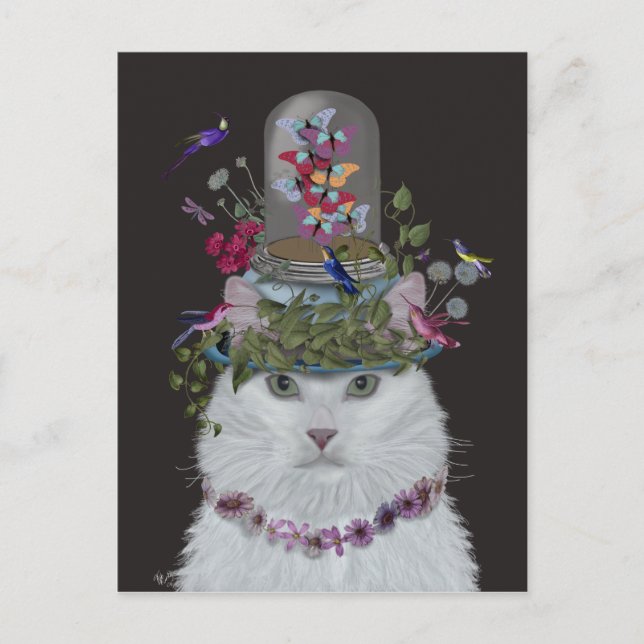 Postal Gato blanco con mariposa Bell Jar (Anverso)