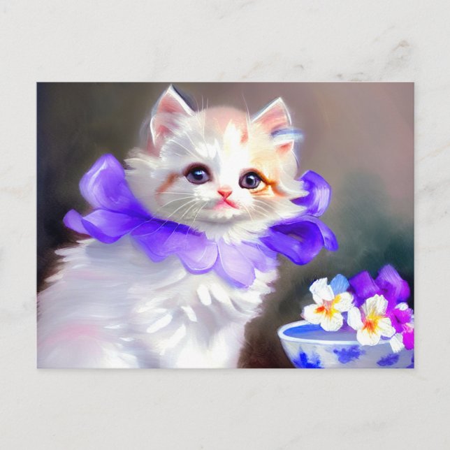 Postal Gato blanco con pintura de cuello de flores morada (Anverso)