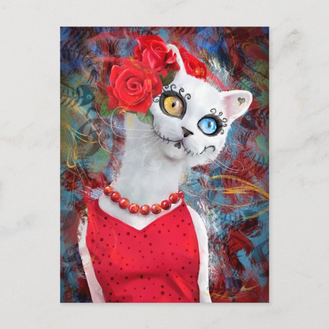 Postal Gato blanco con rosas (Anverso)