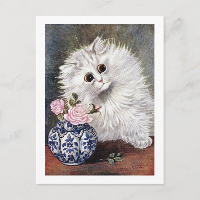 Postal Gato blanco con rosas rosadas, Louis Wain (Anverso)
