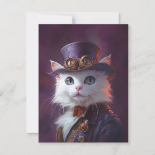 Postal Gato blanco con traje de Steampunk