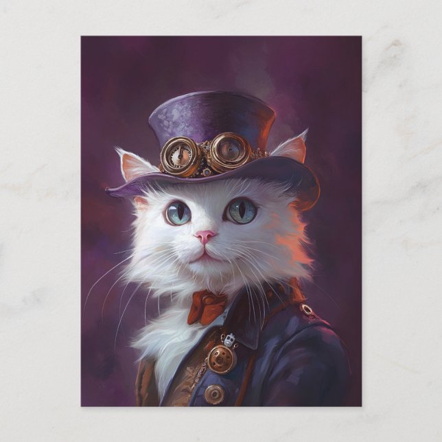 Postal Gato blanco con traje de Steampunk (Anverso)
