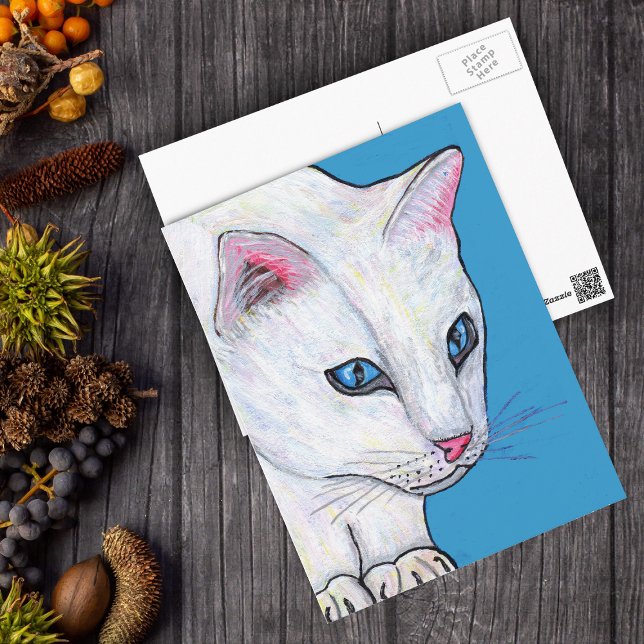 Postal Gato blanco de ojos azules (Head of white cat intense blue eyes on light blue postcard.)