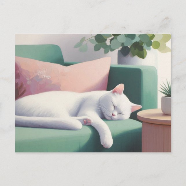 Postal Gato Blanco Durmiendo en Sofá Verde / Amantes de l (Anverso)