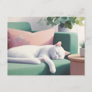 Postal Gato blanco durmiendo en un sofá verde / amantes d