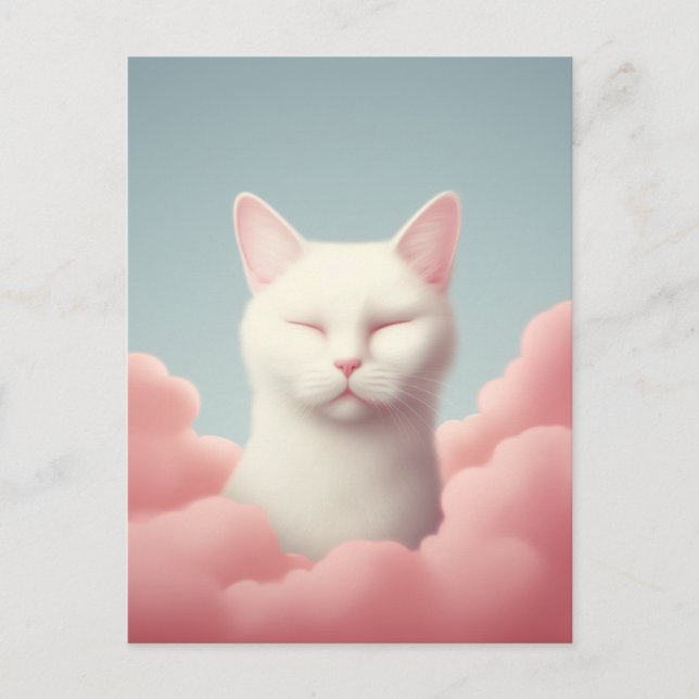 Postal Gato Blanco Durmiente En Nubes (Anverso)