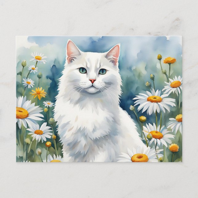 Postal Gato blanco elegante  Acuarela con flores de marga (Anverso)