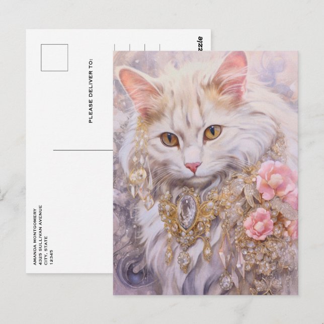 Postal Gato blanco elegante en oro y diamantes (Anverso / Reverso)