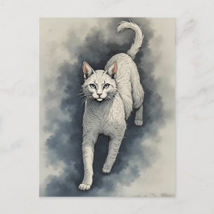 Postal Gato blanco en un estilo de dibujo en tinta china