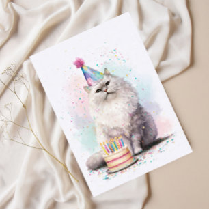 Postal Gato blanco esponjoso de cumpleaños – Gato con som