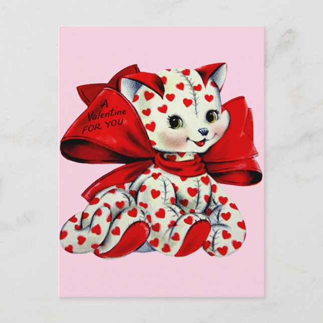 Postal Gato blanco gatito con corazones San Valentín vint (Anverso)