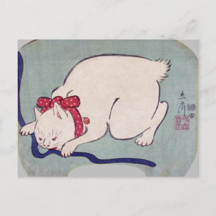 Postal Gato blanco jugando con una cuerda, Hiroshige