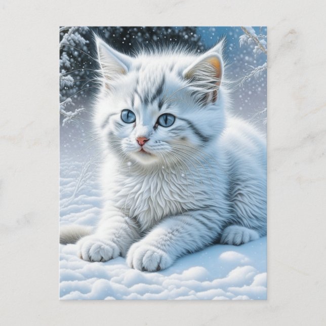 Postal Gato blanco lindo jugando en la nieve (Anverso)