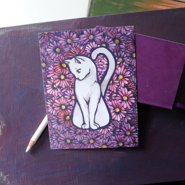 Postal Gato blanco Mauve Daisies (Subido por el creador)