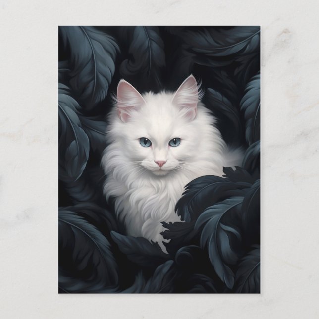 Postal Gato Blanco Mugre Cubierto Sentado Entre Las Hojas (Anverso)