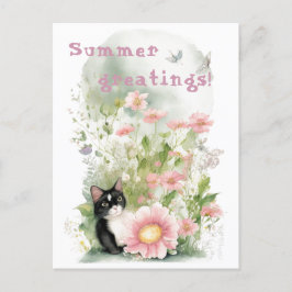 Postal Gato blanco negro en un jardín floral