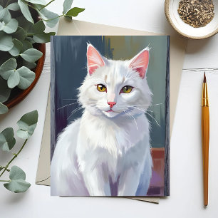 Postal Gato Blanco   Pintura de Mascota de Gato en Acuare