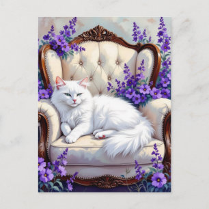 Postal Gato Blanco Precioso y Flores Purpura