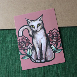 Postal Gato blanco Rosa de cosmética Rosa arte de gatitos