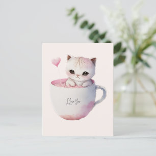 Postal Gato blanco-rosado en una taza de té (4)