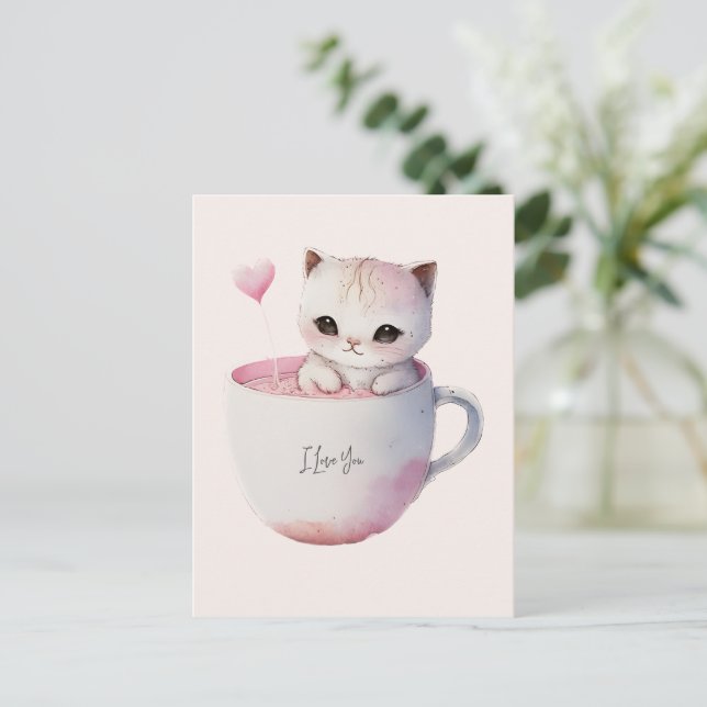 Postal Gato blanco-rosado en una taza de té (4) (Anverso de pie)