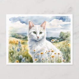 Postal Gato blanco turco angora y margaritas - acuarela