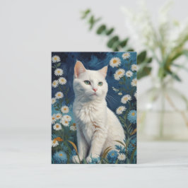 Postal Gato blanco vintage Flores Retrato azul Van Gogh