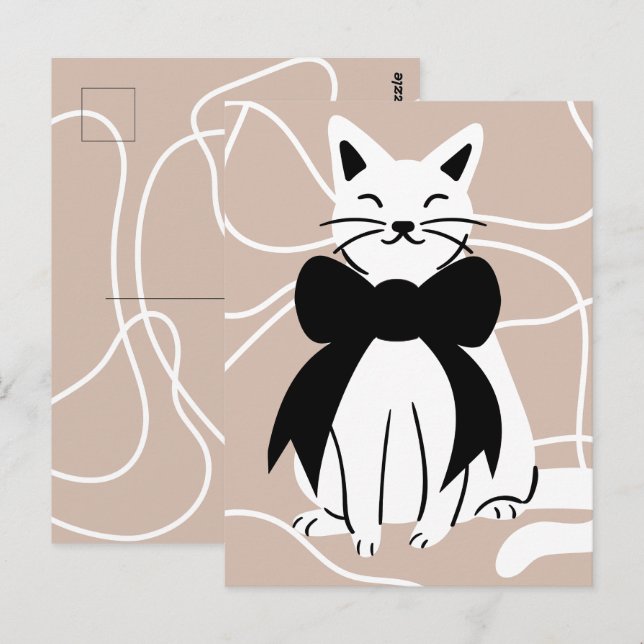 Postal Gato blanco y negro con línea abstracta (Anverso / Reverso)