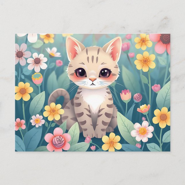 Postal Gato Bonito en Jardín Rodeado de Flores Pastel (Anverso)