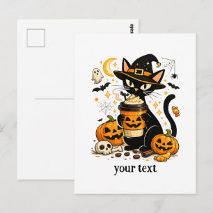 Postal Gato bruja adorable latte especias de calabaza Hal