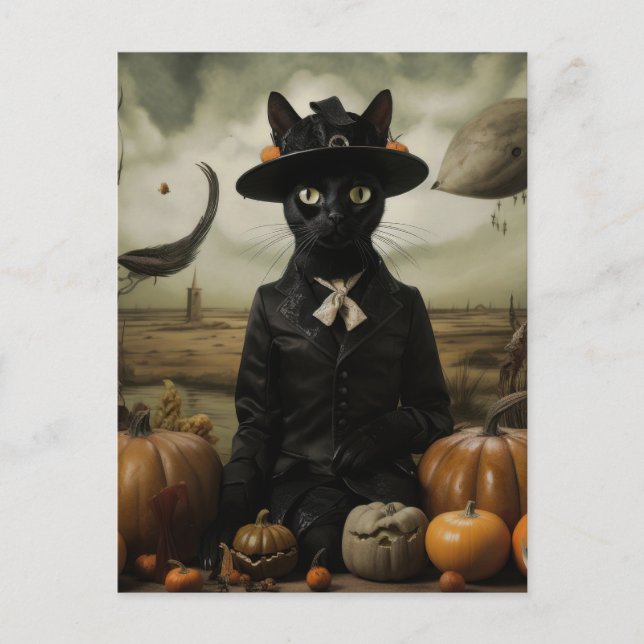 Postal Gato Bruja con Calabazas  (Anverso)