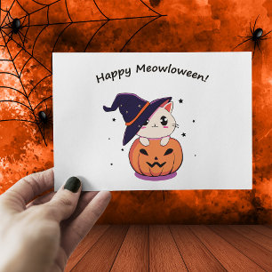 Postal Gato Bruja Kawaii Adorable en Calabaza de Hallowee