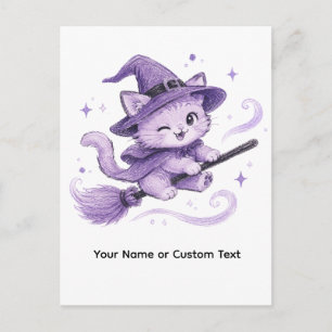 Postal Gato bruja morado lindo en escoba Halloween