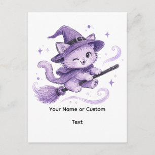 Postal Gato bruja morado lindo en escoba Halloween