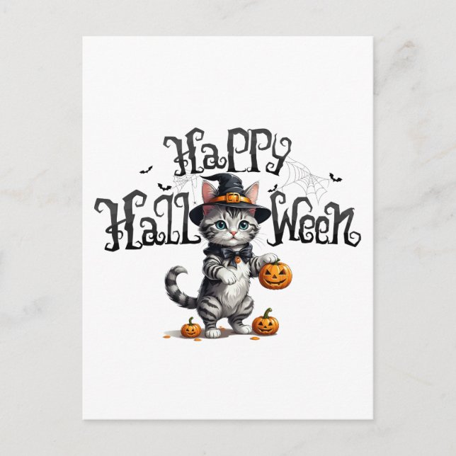Postal Gato brujo adorable Halloween (Anverso)