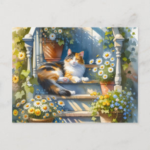 Postal Gato Calico en Pórtico Floral Cottagecore